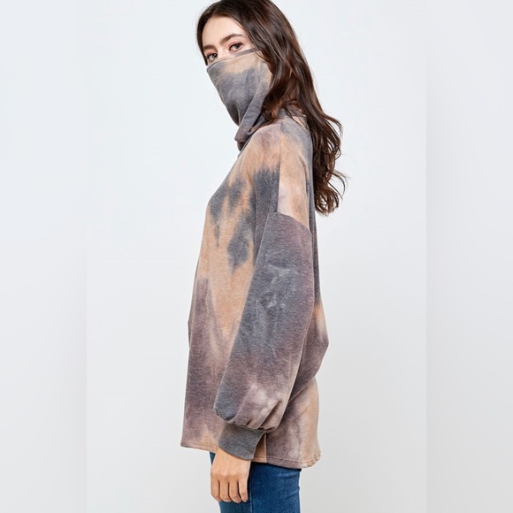 704 ❤️ PLUS SIZE TIE DYE PULLOVER WITH FACE COVERING OPTION- BROWN PEACH TOP - Picture 4 of 4